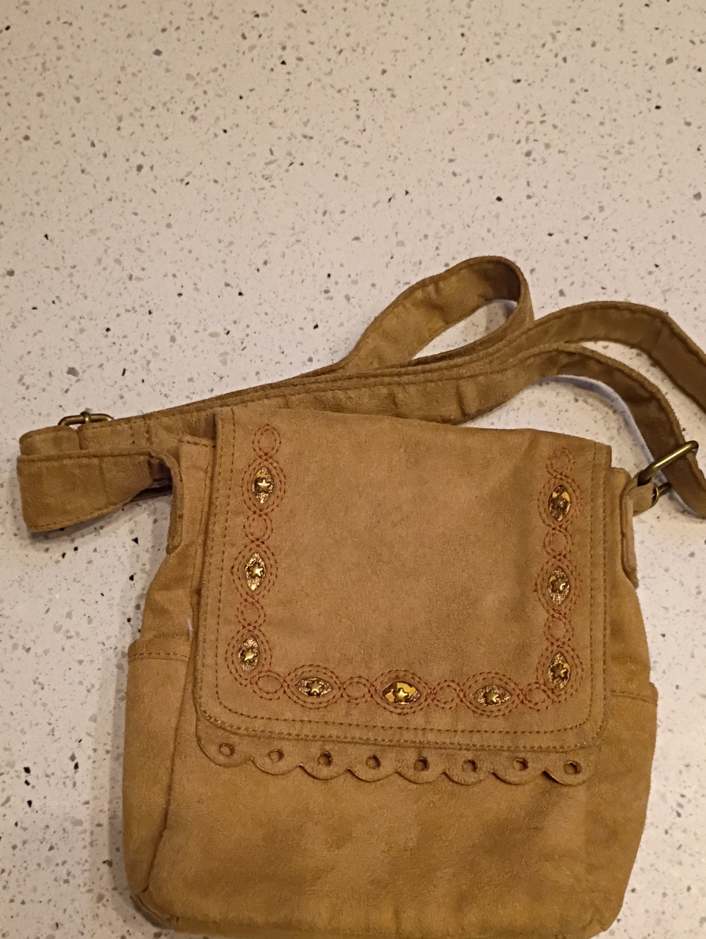 Madison Studio Tan Suede Embellished Crossbody Bag